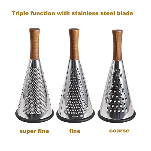 Cone Cheese Grater with Handle - Stainless Steel Triple Function Wood Handle Parmesan Shaver Non-Slip Rubber Bottom Hand Held Multifunction Vegetables Cheese Grater with container(S: 7.7" X 3.5") - size: Size S: 7.7" X 3.5"