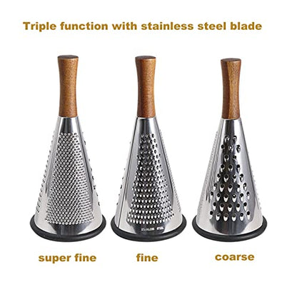 Cone Cheese Grater with Handle - Stainless Steel Triple Function Wood Handle Parmesan Shaver Non-Slip Rubber Bottom Hand Held Multifunction Vegetables Cheese Grater with container (M: 9.4" X 4.3") - size: Size M: 9.4" X 4.3"