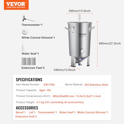 VEVOR Fermentation tank 8 Gallon Stainless Steel Beer Brew Fermentor Brew Bucket Fermentor for Home Brewing with Conical Base Brewing Equipment - size: 8 Gal-Fermenter1.0
