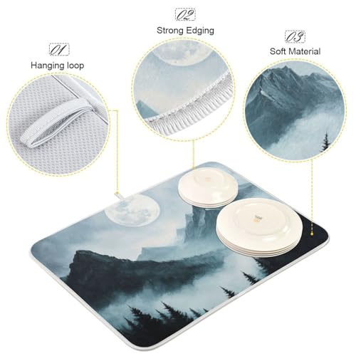 Moon Pine Trees Mountain Dish Drying Mat for Kitchen Counter Super Absorbent Draining Mat with Non-slip Backed Dish Drying Pad for Draining Racks Countertops Sinks Dish Bottles Cups Bowl