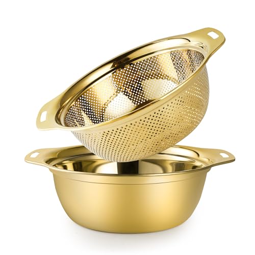 Gulex Colander Stainless Steel 4-quart with Bowls, Strainer Kitchen, Gold - color: Gold, size: 4QT