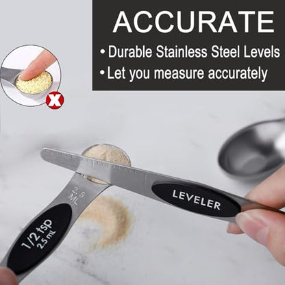Magnetic Measuring Spoons Set,Heavy Duty Stainless Steel,Dual Sided Stackable Measuring Spoons Nesting Teaspoons Tablespoons for Measuring Dry and Liquid Ingredients,Set of 9 (Black) - color: Black