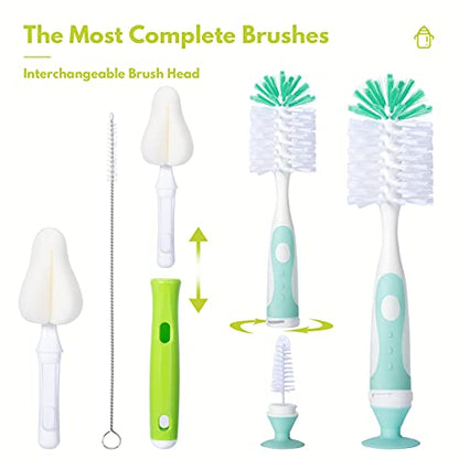 CAREBABYMORE Baby Bottle Brush with One Base Hidden Nylon Nipple Cleaner, 2 Pcs Sponge Nipple Brushes, 2 Pcs Straw Brushes, Bottle Brush with Nipple Cleaner and Suction Cup (Yellow) - color: Yellow