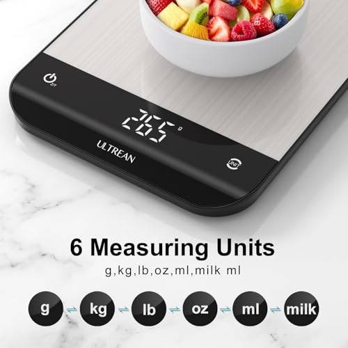 Ultrean Food Scale, Digital Kitchen Scale with LED Display, Weight Grams and Ounces for Baking Cooking, 6 Units with Tare Function, 304 Stainless Steel, 11lb (Batteries Included) - color: Classic Silver