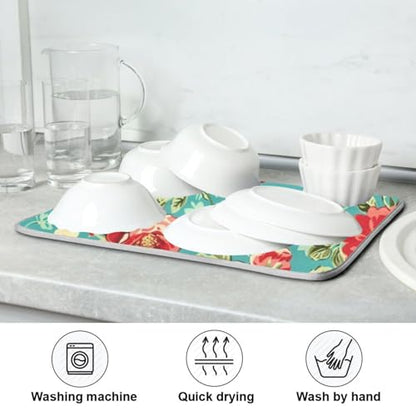 Kcldeci Dish Drying Mat Kitchen Drying Pad Pink Red Rose Flower Dish Draining Mat Dish Rack Drainer Pad 16 x 18 - color: Rose, size: 16x18in