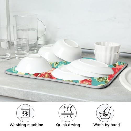 Kcldeci Dish Drying Mat Kitchen Drying Pad Pink Red Rose Flower Dish Draining Mat Dish Rack Drainer Pad 18 x 24 - color: Rose, size: 18x24in