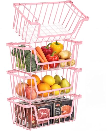 SUNALLY Stackable Storage Bins 4 Pcs Wire Baskets for Pantry Organizers and Storage, Vegetable Fruit Storage Basket for Countertop Organizer,Kitchen Baskets for Onion Potato Snack Cans Storage,Pink - color: Pink