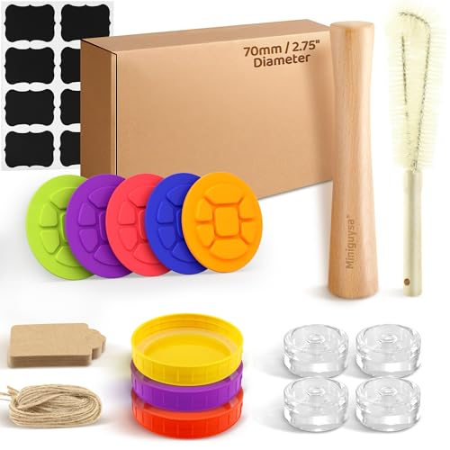 Regular Mouth Fermentation Kit for 70 mm Canning Jars, 5 Silicone Fermenting Lids, 4 Glass Weights, 3 Storage Lids, Wooden Tamper, Date Tags, Stickers & Brush for Kimchi, Pickles & Sauerkraut - style: Regular Mouth / 70mm / Starter Kit