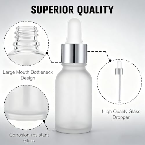 PrettyCare 24 pcs，Eye Dropper Bottle 0.5 oz（ 15 ml Frosted Glass Bottles with Silver Caps, 2 Extra Measured Pipettes, 48 Labels, 2 Funnels Empty Tincture Bottles for Essential Oils - color: 0.5oz Frosted, style: 24 Pack