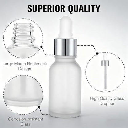 PrettyCare 24 pcs，Eye Dropper Bottle 0.5 oz（ 15 ml Frosted Glass Bottles with Silver Caps, 2 Extra Measured Pipettes, 48 Labels, 2 Funnels Empty Tincture Bottles for Essential Oils - color: 0.5oz Frosted, style: 24 Pack