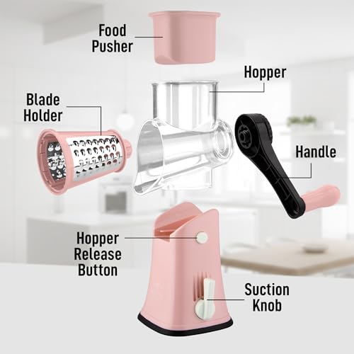 Zulay Kitchen Rotary Cheese Grater 5 Blade Cheese Shredder - Manual Hand Crank Cheese Grater With Reinforced Suction & 5 Interchangeable Drums - Easy to Use, Vegetable Chopper Round Mandoline Slicer - color: Peach & Black