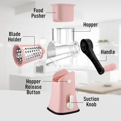 Zulay Kitchen Rotary Cheese Grater 5 Blade Cheese Shredder - Manual Hand Crank Cheese Grater With Reinforced Suction & 5 Interchangeable Drums - Easy to Use, Vegetable Chopper Round Mandoline Slicer - color: Peach & Black