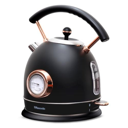 Rasonic Retro Electric Kettle Stainless Steel, 1.8L Tea Water Boiler, 1500W Fast Quiet Boil, Temperature Gauge, Auto Shut-Off, Boil-Dry Protection, Matt Black and Rose Gold - color: Black
