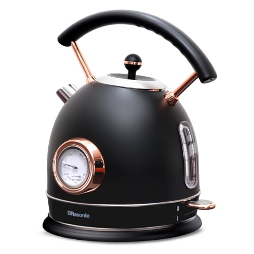 Rasonic Retro Electric Kettle Stainless Steel, 1.8L Tea Water Boiler, 1500W Fast Quiet Boil, Temperature Gauge, Auto Shut-Off, Boil-Dry Protection, Matt Black and Rose Gold - color: Black