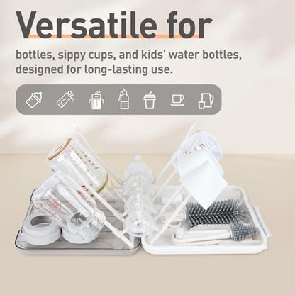 Baby Bottle Brush Set, 6-in-1 Travel Bottle Cleaner Kit with Silicone Bottle Brush, Nipple & Straw Brush, Soap Dispenser, Drying Rack, Storage Box – Compact Baby Travel Essential for Home & On-The-Go - color: White