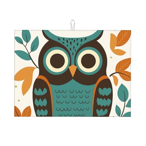 Cute Cartoon Owl and Leaf Dish Drying Mat for Kitchen Counter Microfiber Absorbent Reusable Washable 18x24in - color: Cute Cartoon Owl And Leaf