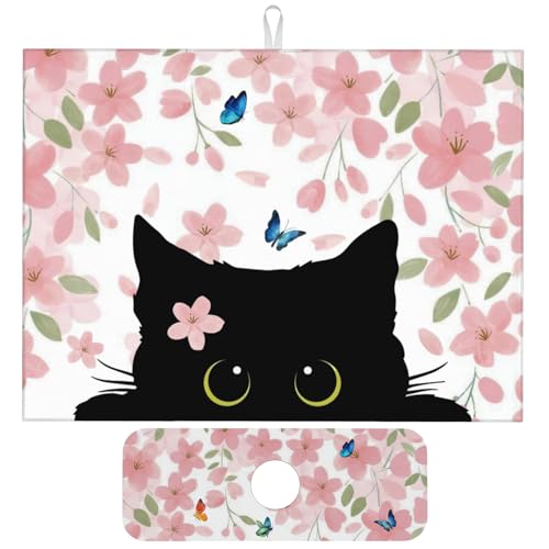 Flowers Black Cat Butterfly Dish Drying Mat for Kitchen Counter, 18"x24" Microfiber Absorbent Fast Dry Mat, 2Pcs Dish Mat Faucet Mats Sets, Large Drying Kitchen Mat Kitchen Drying Pad Coffee Bar Decor - color: Flowers Black Cat Butterfly, size: 18"X24"