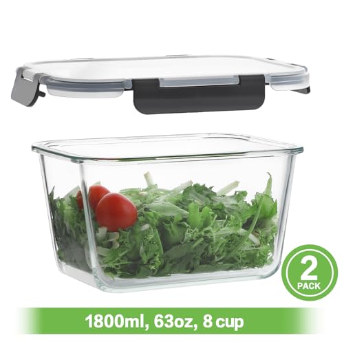 HOMBERKING 4 Pieces 63oz/8cup Large Glass Food Storage Containers with Lids, Meal Prep Containers, Airtight Bento Boxes with Leak Proof Locking (2 Containers + 2 Lids) - Microwave, Oven Safe - color: Black, size: 2 Sets