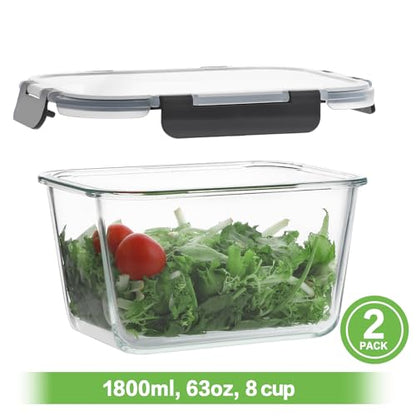 HOMBERKING 4 Pieces 63oz/8cup Large Glass Food Storage Containers with Lids, Meal Prep Containers, Airtight Bento Boxes with Leak Proof Locking (2 Containers + 2 Lids) - Microwave, Oven Safe - color: Black, size: 2 Sets