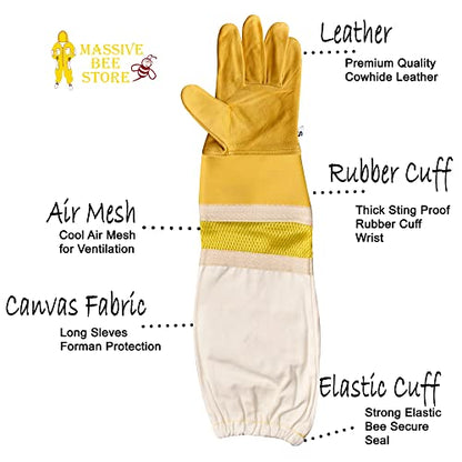 Massive Bee Cowhide Beekeeping Ventilated Cowhide Leather Gloves Yellow Rubber Cuff Then Yellow Mesh with Off white jeans - color: Simple Gloves, size: Small
