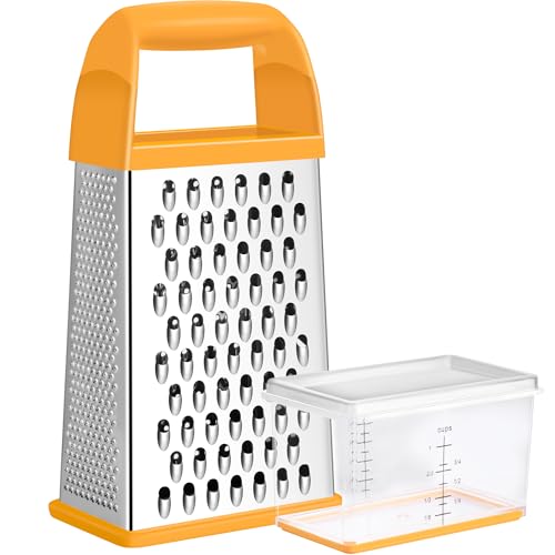 Urbanstrive Cheese Grater With Container, Professional Cheese Grater with Handle, Stainless Steel Graters for Kitchen Handheld, Box Grater with 4 Sides for Vegetables, Ginger, Potatoes (Orange) - color: Orange