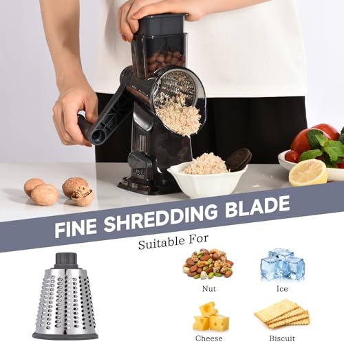 Rotary Cheese Grater with Handle Kitchen Shredder Slicer Grater Slicer Ice Shaver Cheese Vegetable Nuts Potato Zucchini Chocolate 3 Interchangeable Blades (Dark Grey TSP) - color: Dark Gray