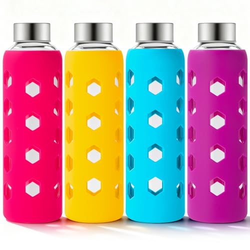 Mrsdry Glass Juice Bottles with Lids and Silicone Sleeves 18 oz, 4-Pack Reusable Clear Glass Water Bottles with Stainless Steel Airtight Cap for Juicing, Refrigerator, BPA Free Leak-Proof Drinking Jar - color: Pink