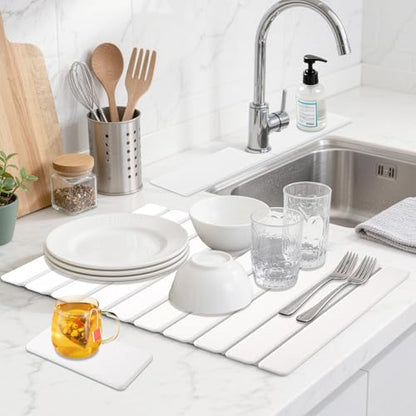 Diatomaceous Stone Drying Mat for Kitchen Counter with Sink Faucet Mat, White Absorbent Quick Dry Dish Drying Mat Set, Diatomite Stone Slat Countertop Pad for Dishes, Cups - color: White