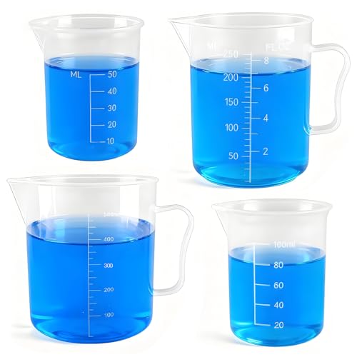 TISMART Plastic Beaker 4 Pack Measuring Cup Set | 50ml, 100ml, 250ml and 500ml, For Lab, Baking, Cooking, Mixing & Measuring, Essential Kitchen Tools
