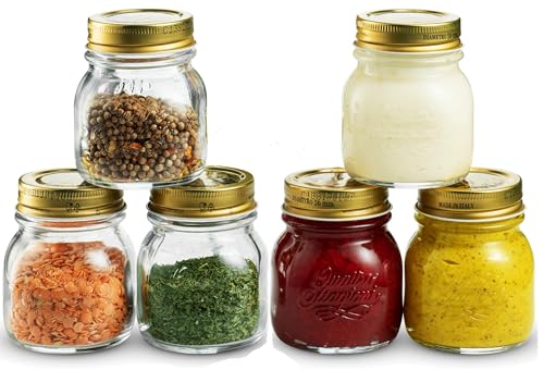 Bormioli Rocco Quattro Stagioni Small Glass Mason Jars 5 Ounce Mini Jars (6-Pack) with Metal Airtight Lid, For Jam, Jelly, baby food, Crafts, Spices, Dry Food Storage, Wedding favors, Decorating Jar - size: 6 Oz.