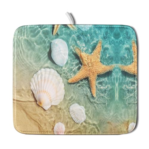 Summer Beach Style Dish Drying Mat for Kitchen Counter,Starfish and Seashell Drying Mat 16 x 18 Inch with High Absorbent Reversible Microfiber Dish Drying Pad Drainer Mat for Coffee Bar - color: Starfish and Seashell, size: 16" x 18"
