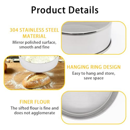 Flour Sifter for Baking 2 Pack, Round Flour Sifter Stainless Steel 6 Inch 60 Mesh and 8 Inch 60 Mesh Sieve Fine Meshs Flours Sieve Set for Baking Cake Bread Pastries - size: 6in & 8in 60 Mesh