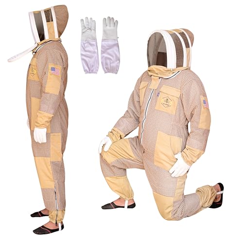 3 Layer Bee Suit with Fencing Veil One Pair Gloves Sting Proof Ventilated Beekeeping Suit - color: Khaki, size: Large