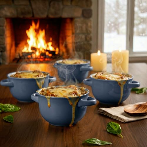 KooK French Onion Soup Bowls, Crocks, Oven Safe Bowls, Soup Mugs, Ceramic Bowls, Dishwasher, Microwave, Set of 4, 18 oz (Denim) - color: Denim