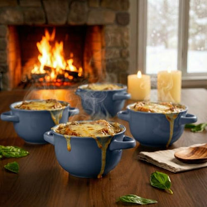 KooK French Onion Soup Bowls, Crocks, Oven Safe Bowls, Soup Mugs, Ceramic Bowls, Dishwasher, Microwave, Set of 4, 18 oz (Denim) - color: Denim