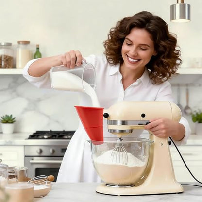 Silicone Flour Funnel for KitchenAid 5Qt Mixer, Wide-Mouth splashproof Design, Also for tilt Mixers 4.5 & 5 Quart (KSM150), Dishwasher Safe, an Essential Baking Tool(red)