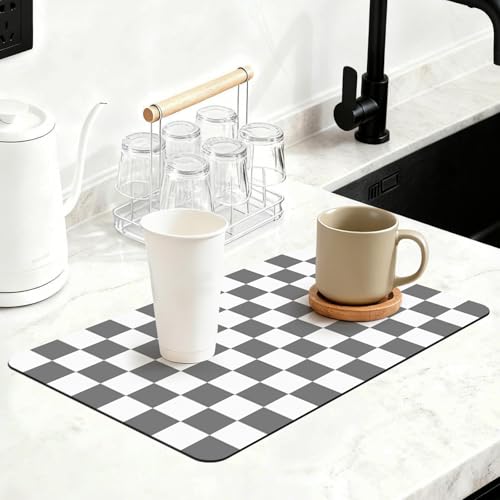 12" x 20" Checkered Dish Drying Mat for Kitchen Counter, Absorbent Coffee Bar Mat for Espresso Machine Coffee Countertops Accessories, Grey - color: Grey, size: 12" x 20"