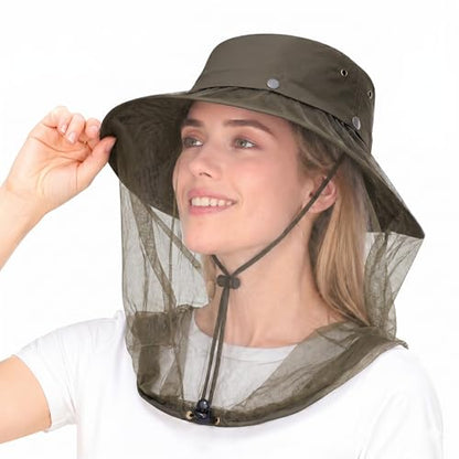 Wide Brim Bucket Sun Hat with Concealable Mosquito Mesh, Adjustable Chin Strap for Fishing, Gardening, Hiking & Camping - color: Camouflage Green
