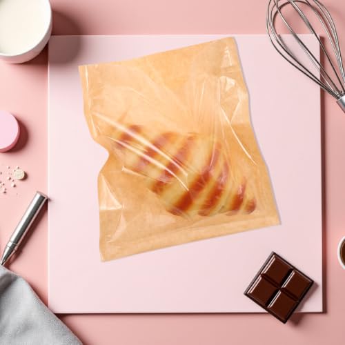 Lurrose 100pcs Kraft Paper Bags: Food Storage Bags with Transparent Window - Reusable for Snack Cookies Bread Candy Treat Cheese Tea 7.9"x7.17"