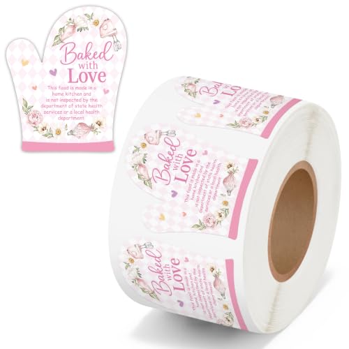 PANTIDE 500 Count Baked with Love Cottage Food Law Labels Stickers (Pink) | Flower Adhesive Oven Mitt Shaped Decal Roll, Made in A Home Kitchen, Inspection Statement Thermal Printed, for Food Packaging - color: Baked With Love Pink Flower