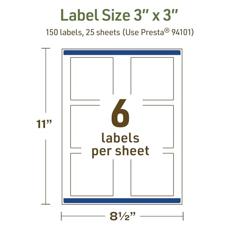 Avery Dissolvable Square Labels, Sure Feed Technology, 3" x 3", Matte White, Print-to-The-Edge, Laser/Inkjet Printable, 150 Labels Total - style: 150 labels