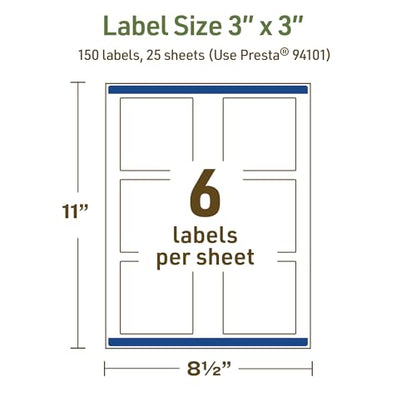 Avery Dissolvable Square Labels, Sure Feed Technology, 3" x 3", Matte White, Print-to-The-Edge, Laser/Inkjet Printable, 150 Labels Total - style: 150 labels