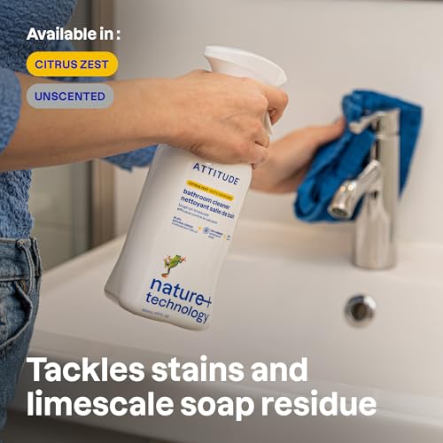 ATTITUDE Bathroom Cleaner Spray, EWG Verified, Plant-Based & Vegan, Safe for Bathroom Surfaces, Tiles, Tubs, Shower Walls, and Grout, Unscented, 27.1 Fl Oz - size: 27.1 Fl Oz (Pack of 1)