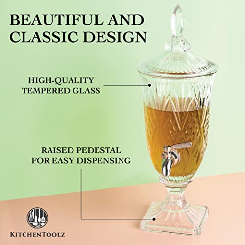 2 Liter Glass Beverage Dispenser with Stainless Steel Spigot on Glass Pedestal, Decorative Mason Drink Dispenser for BBQ, Picnic, Pool Party, and Social Events