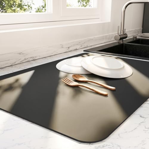 Ecotrim - Dish Drying Mat for Kitchen Counter | Coffee Bar Mat for Countertops | Heat Resistant Drainer Mat with Non-slip Rubber Backed | Hide Stain Kitchen Absorbent Draining Mat | Black 16"x18" - color: Black, size: 16" x 18"