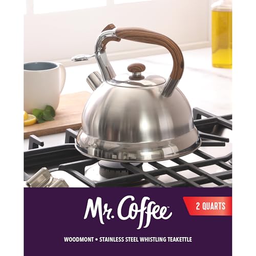 Mr. Coffee Woodmont 2-Quart Stainless Steel Tea Kettle With Wood Handle, Stovetop Whistling Kettle, Durable Fast-Boil Tea Pot - color: Brushed Stainless Steel w/ Wood Handle, size: 2.1 Quarts