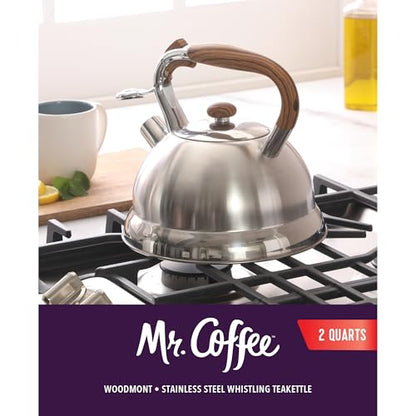 Mr. Coffee Woodmont 2-Quart Stainless Steel Tea Kettle With Wood Handle, Stovetop Whistling Kettle, Durable Fast-Boil Tea Pot - color: Brushed Stainless Steel w/ Wood Handle, size: 2.1 Quarts
