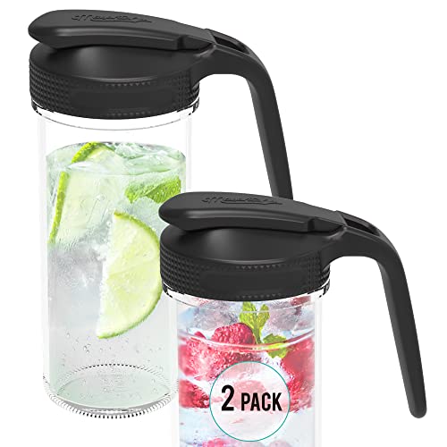 Masontops Multi Pour Top - 2 Pack - Small/Regular Mouth Mason Jar Pitcher Lid with Handle and Flip Cap – Black – Lid Accessories for Mason Jars - color: Black Pitcher, size: Small/Regular Mouth