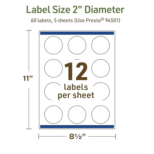 Avery Dissolvable Round Labels, Sure Feed Technology, 2" Diameter, Matte White, Print-to-The-Edge, Laser/Inkjet Printable, 60 Labels Total - style: 60 labels