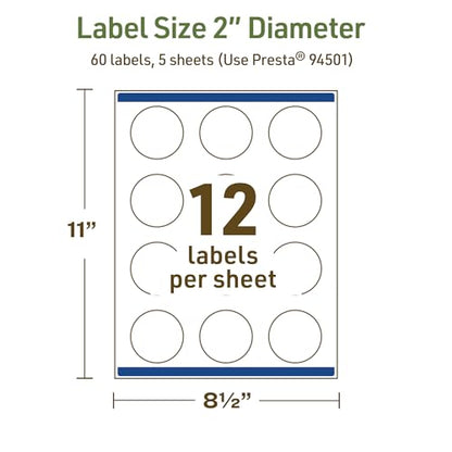 Avery Dissolvable Round Labels, Sure Feed Technology, 2" Diameter, Matte White, Print-to-The-Edge, Laser/Inkjet Printable, 60 Labels Total - style: 60 labels